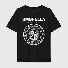 Мужская футболка хлопок Oversize с принтом Академия Амбрелла в Курске, 100% хлопок | свободный крой, круглый ворот, “спинка” длиннее передней части | umbrella | umbrella academy | академия амбрелла | амбрелла | герб