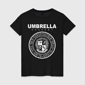 Женская футболка хлопок с принтом Академия Амбрелла в Курске, 100% хлопок | прямой крой, круглый вырез горловины, длина до линии бедер, слегка спущенное плечо | umbrella | umbrella academy | академия амбрелла | амбрелла | герб