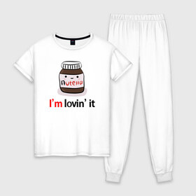 Женская пижама хлопок с принтом Nutella в Курске, 100% хлопок | брюки и футболка прямого кроя, без карманов, на брюках мягкая резинка на поясе и по низу штанин | nutella | вкусно | вкусняшка | любовь | нутелла | нутэлла | сладкое
