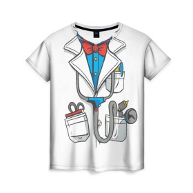 Женская футболка 3D с принтом Докторский халат в Курске, 100% полиэфир ( синтетическое хлопкоподобное полотно) | прямой крой, круглый вырез горловины, длина до линии бедер | cosplay | doctor | surgeon | бабочка | больничный | в виде врача | врач | врача | врачебный | госпиталь | для ролевых игр | доктор | доктора | докторский | карманы | косплей | костюм врача | стетоскоп | халат