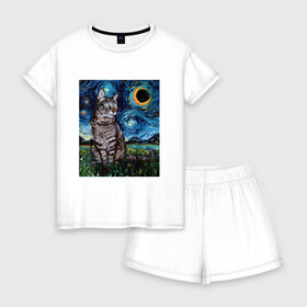 Женская пижама с шортиками хлопок с принтом Кот Ван Гога в Курске, 100% хлопок | футболка прямого кроя, шорты свободные с широкой мягкой резинкой | art | arts | cat | cats | kitten | kitty | nature | night | pussycat | van gogh | vincent | ван гог | ван гога | винсент | звездная ночь | звезды | искусство | картина | картины | кот | коты | котяра | кошка | кошки | на фоне | ночь | пародий