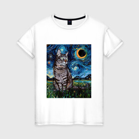 Женская футболка хлопок с принтом Кот Ван Гога в Курске, 100% хлопок | прямой крой, круглый вырез горловины, длина до линии бедер, слегка спущенное плечо | art | arts | cat | cats | kitten | kitty | nature | night | pussycat | van gogh | vincent | ван гог | ван гога | винсент | звездная ночь | звезды | искусство | картина | картины | кот | коты | котяра | кошка | кошки | на фоне | ночь | пародий