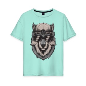 Женская футболка хлопок Oversize с принтом Волк в очках в Курске, 100% хлопок | свободный крой, круглый ворот, спущенный рукав, длина до линии бедер
 | wolf | волк | волк в кепке | волк в кепке и очках | волк в очках | голова волка | крутой волк