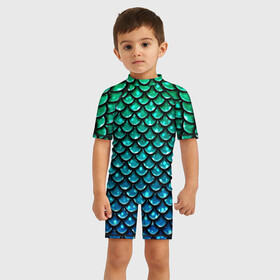 Детский купальный костюм 3D с принтом Змеиная кожа в Курске, Полиэстер 85%, Спандекс 15% | застежка на молнии на спине | Тематика изображения на принте: бирюзовый | блики | зеленый | змея | кожа | свет | синий | чешуя