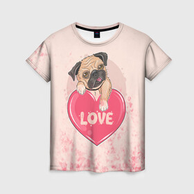 Женская футболка 3D с принтом Love Pug (Z) в Курске, 100% полиэфир ( синтетическое хлопкоподобное полотно) | прямой крой, круглый вырез горловины, длина до линии бедер | Тематика изображения на принте: dog | doggie | doggy | mops | pug | декоративная собака | друг человека | другу | кинолог | лабрадор | малые молоссоиды | мопс | мопсик | мохнатый | пес | пёсель | пёсик | подарок | подруге | собака | собакен | собаки