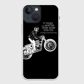 Чехол для iPhone 13 mini с принтом Байкер в Курске,  |  | байк | байкер | гонщик | мотоцикл | мужская | надпись | черно белая | черный