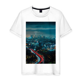 Мужская футболка хлопок с принтом Ночной мегаполис в Курске, 100% хлопок | прямой крой, круглый вырез горловины, длина до линии бедер, слегка спущенное плечо. | Тематика изображения на принте: город | небо. мегаполис | неон | ночь | огни