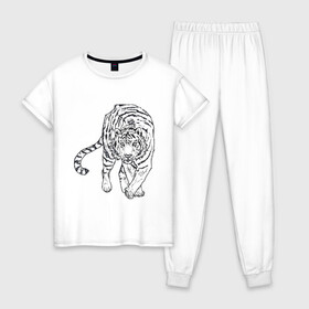 Женская пижама хлопок с принтом Тигр в Курске, 100% хлопок | брюки и футболка прямого кроя, без карманов, на брюках мягкая резинка на поясе и по низу штанин | белый тигр | бенгальский тигр | большие кошки | дикие кошки | крупные кошки | тигр