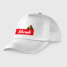 Детская кепка тракер с принтом Shrek в Курске, Козырек - 100% хлопок. Кепка - 100% полиэстер, Задняя часть - сетка | универсальный размер, пластиковая застёжка | Тематика изображения на принте: shrek | shrek is life | мемы | огр кек | суприм | суприм лого | шрек