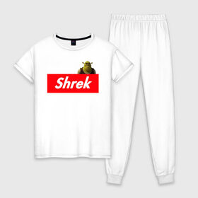 Женская пижама хлопок с принтом Shrek в Курске, 100% хлопок | брюки и футболка прямого кроя, без карманов, на брюках мягкая резинка на поясе и по низу штанин | shrek | shrek is life | мемы | огр кек | суприм | суприм лого | шрек