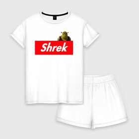 Женская пижама с шортиками хлопок с принтом Shrek в Курске, 100% хлопок | футболка прямого кроя, шорты свободные с широкой мягкой резинкой | Тематика изображения на принте: shrek | shrek is life | мемы | огр кек | суприм | суприм лого | шрек