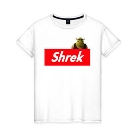 Женская футболка хлопок с принтом Shrek в Курске, 100% хлопок | прямой крой, круглый вырез горловины, длина до линии бедер, слегка спущенное плечо | shrek | shrek is life | мемы | огр кек | суприм | суприм лого | шрек