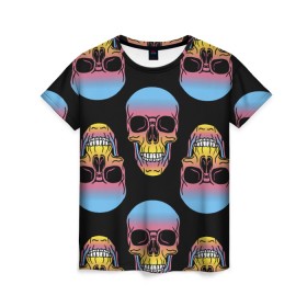 Женская футболка 3D с принтом Neon skull в Курске, 100% полиэфир ( синтетическое хлопкоподобное полотно) | прямой крой, круглый вырез горловины, длина до линии бедер | color | grin | jaw | neon | skull | teeth | неон | оскал | пасть | цвет | череп