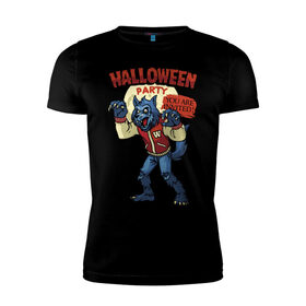 Мужская футболка хлопок Slim с принтом Halloween party в Курске, 92% хлопок, 8% лайкра | приталенный силуэт, круглый вырез ворота, длина до линии бедра, короткий рукав | claws | ears | fangs | grin | halloween | jaw | paws | tail | wolf | волк | клыки | когти | лапы | уши | хвост | хэллоуин