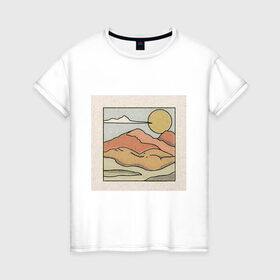Женская футболка хлопок с принтом Пейзаж в Курске, 100% хлопок | прямой крой, круглый вырез горловины, длина до линии бедер, слегка спущенное плечо | абстракция | закат | минимализм | пейзаж | ретро