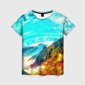 Женская футболка 3D с принтом Японские горы в Курске, 100% полиэфир ( синтетическое хлопкоподобное полотно) | прямой крой, круглый вырез горловины, длина до линии бедер | art | japan | summer | азия | акварель | восток | восход | горы | деревья | искусство | картина | краски | красочный | лес | летние | лето | мазки | небесный | облака | пейзаж | природа | разноцветные | рассвет