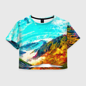 Женская футболка Crop-top 3D с принтом Японские горы в Курске, 100% полиэстер | круглая горловина, длина футболки до линии талии, рукава с отворотами | art | japan | summer | азия | акварель | восток | восход | горы | деревья | искусство | картина | краски | красочный | лес | летние | лето | мазки | небесный | облака | пейзаж | природа | разноцветные | рассвет