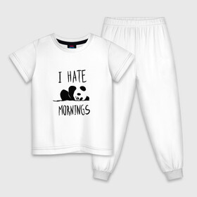 Детская пижама хлопок с принтом Ненавижу утро в Курске, 100% хлопок |  брюки и футболка прямого кроя, без карманов, на брюках мягкая резинка на поясе и по низу штанин
 | Тематика изображения на принте: i hate | morning | mornings | panda | pandas | sleep | sleeping | забавная | люблю спать | маленькая | милая | настроение | не высыпаюсь | не люблю | ненавижу | отдых | панда | пандочка | панды | рисунок | смешная | спит | спящая