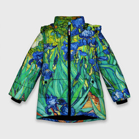 Зимняя куртка для девочек 3D с принтом Ирисы Ван Гога в Курске, ткань верха — 100% полиэстер; подклад — 100% полиэстер, утеплитель — 100% полиэстер. | длина ниже бедра, удлиненная спинка, воротник стойка и отстегивающийся капюшон. Есть боковые карманы с листочкой на кнопках, утяжки по низу изделия и внутренний карман на молнии. 

Предусмотрены светоотражающий принт на спинке, радужный светоотражающий элемент на пуллере молнии и на резинке для утяжки. | Тематика изображения на принте: vangogh | арт | вангог | ветки | винсент | девушкам | импрессионизм | ирисы | искусство | картина | лепестки | летние | лето | листья | масло | пейзаж | поле | природа | растения | рисунок | сад | солнце