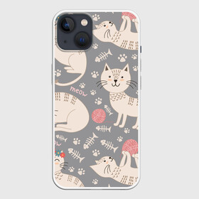Чехол для iPhone 13 с принтом Милые кошечки в Курске,  |  | арт | венок | клубок | клубок ниток | клубочек | кот | кошечка | кошка | кошка в венке | кошка играет | лапки | милая кошечка | милая кошка | отпечатки | отпечатки лап | рисунок | рыбка | серая кошка