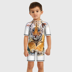 Детский купальный костюм 3D с принтом Tiger Art в Курске, Полиэстер 85%, Спандекс 15% | застежка на молнии на спине | art | blue | dinamic picture | lion | tiger | white | арт | животные | картинка | лев | рисунок | тигр
