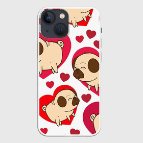 Чехол для iPhone 13 mini с принтом Мопсики в Курске,  |  | Тематика изображения на принте: арт | любовь | мопс | мопсики | рисунок | сердца | сердце | собака | собаки | собачки