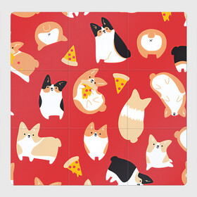 Магнитный плакат 3Х3 с принтом Корги и пицца в Курске, Полимерный материал с магнитным слоем | 9 деталей размером 9*9 см | Тематика изображения на принте: арт | валяния | игра | корги | пицца | рисунок | рыжий | собака | собаки | спина | чёрный