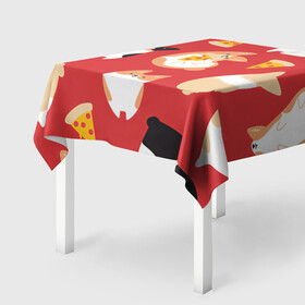 Скатерть 3D с принтом Корги и пицца в Курске, 100% полиэстер (ткань не мнется и не растягивается) | Размер: 150*150 см | Тематика изображения на принте: арт | валяния | игра | корги | пицца | рисунок | рыжий | собака | собаки | спина | чёрный