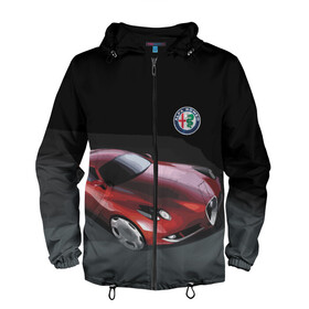Мужская ветровка 3D с принтом Alfa Romeo в Курске, 100% полиэстер | подол и капюшон оформлены резинкой с фиксаторами, два кармана без застежек по бокам, один потайной карман на груди | Тематика изображения на принте: alfa romeo | car | italy | motorsport | prestige | автоспорт | альфа ромео | италия | престиж