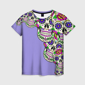 Женская футболка 3D с принтом Calavera 2 в Курске, 100% полиэфир ( синтетическое хлопкоподобное полотно) | прямой крой, круглый вырез горловины, длина до линии бедер | color | краски | мексиканский | череп