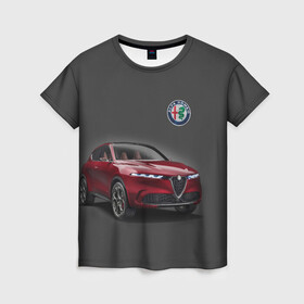 Женская футболка 3D с принтом Alfa Romeo в Курске, 100% полиэфир ( синтетическое хлопкоподобное полотно) | прямой крой, круглый вырез горловины, длина до линии бедер | alfa romeo | car | italy | prestige | автомобиль | альфа ромео | италия | престиж