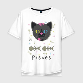 Мужская футболка хлопок Oversize с принтом Pisces в Курске, 100% хлопок | свободный крой, круглый ворот, “спинка” длиннее передней части | horoscope | pisces | гороскоп | знак | зодиак | зодиака | кот | рыба | рыбы | скелет