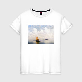 Женская футболка хлопок с принтом картина Айвазовского в Курске, 100% хлопок | прямой крой, круглый вырез горловины, длина до линии бедер, слегка спущенное плечо | айвазовский | корабль | море | облака | рисунок