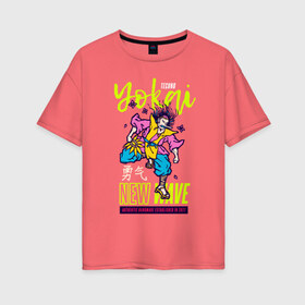 Женская футболка хлопок Oversize с принтом Japanese Tengu 80s в Курске, 100% хлопок | свободный крой, круглый ворот, спущенный рукав, длина до линии бедер
 | 1980 | 2077 | 80 | 80s | color | colors | god | japan | japanese | kabuki | kami | kanji | new wave | techno | tengu | tokyo | yokai | бог | боги | екай | иероглифы | кабуки | ками | кандзи | миф | мифическое | мифология | существо | тенгу | япон