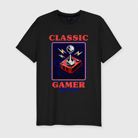 Мужская футболка премиум с принтом Classic Gamer в Курске, 92% хлопок, 8% лайкра | приталенный силуэт, круглый вырез ворота, длина до линии бедра, короткий рукав | 8 bit | 8 бит | 8bit | 8бит | boomer | dendy | game | gamer | games | geek | joystick | nerd | oldschool | sega | бумер | гик | дед | денди | джойстик | для гика | для гиков | игра | игры | классика | классические | нерд | олдскул | с