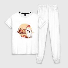 Женская пижама хлопок с принтом Суши Лунатик в Курске, 100% хлопок | брюки и футболка прямого кроя, без карманов, на брюках мягкая резинка на поясе и по низу штанин | cute | dream | i love | roll | rolls | sleeping | sleepwalker | sushi | вкусные | во сне | лунатизм | лунатик | люблю | милые | нямка | одеялко | одеяло | прикольные | проснулся | рис | ролл | роллы | с рисом | с семгой | семга | спит