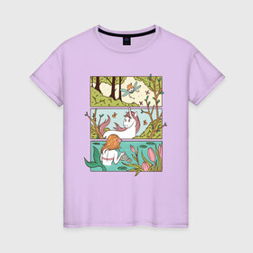 Женская футболка хлопок с принтом Зачарованный лес в Курске, 100% хлопок | прямой крой, круглый вырез горловины, длина до линии бедер, слегка спущенное плечо | comics | comix | enchanted | fairy | forest | mermaid | unicorn | бабочка | в лесу | единорог | единорожка | зачарованный | иллюстрация | комикс | красивая | лес | лесная | лесной | миф | мифические | природа | русалка