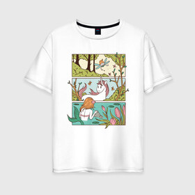 Женская футболка хлопок Oversize с принтом Зачарованный лес в Курске, 100% хлопок | свободный крой, круглый ворот, спущенный рукав, длина до линии бедер
 | comics | comix | enchanted | fairy | forest | mermaid | unicorn | бабочка | в лесу | единорог | единорожка | зачарованный | иллюстрация | комикс | красивая | лес | лесная | лесной | миф | мифические | природа | русалка