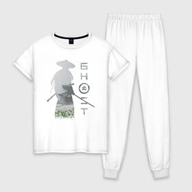 Женская пижама хлопок с принтом TRDGhoTsuhim в Курске, 100% хлопок | брюки и футболка прямого кроя, без карманов, на брюках мягкая резинка на поясе и по низу штанин | катана | отвага | призрак | самурай | честь