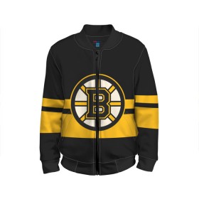 Детский бомбер 3D с принтом BOSTON BRUINS NHL в Курске, 100% полиэстер | застегивается на молнию, по бокам два кармана без застежек, мягкие манжеты, по низу бомбера и на воротнике — эластичная резинка | black | boston | bruins | hockey | ice | logo | nhl | sport | usa | бостон | брюинз | логотип | нхл | спорт | хоккей