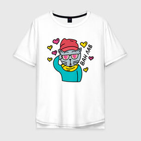 Мужская футболка хлопок Oversize с принтом Влюбленный кот-хипстер в Курске, 100% хлопок | свободный крой, круглый ворот, “спинка” длиннее передней части | 