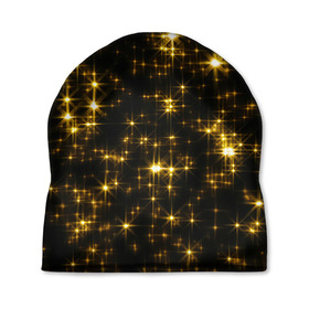 Шапка 3D с принтом Золотые звёзды в Курске, 100% полиэстер | универсальный размер, печать по всей поверхности изделия | блеск | звёзды | золото | ночь | сияние | темнота | черный