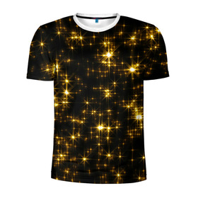 Мужская футболка 3D спортивная с принтом Золотые звёзды в Курске, 100% полиэстер с улучшенными характеристиками | приталенный силуэт, круглая горловина, широкие плечи, сужается к линии бедра | Тематика изображения на принте: блеск | звёзды | золото | ночь | сияние | темнота | черный