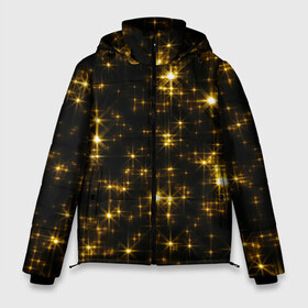 Мужская зимняя куртка 3D с принтом Золотые звёзды в Курске, верх — 100% полиэстер; подкладка — 100% полиэстер; утеплитель — 100% полиэстер | длина ниже бедра, свободный силуэт Оверсайз. Есть воротник-стойка, отстегивающийся капюшон и ветрозащитная планка. 

Боковые карманы с листочкой на кнопках и внутренний карман на молнии. | блеск | звёзды | золото | ночь | сияние | темнота | черный