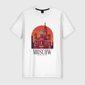 Мужская футболка премиум с принтом Moscow Москва в Курске, 92% хлопок, 8% лайкра | приталенный силуэт, круглый вырез ворота, длина до линии бедра, короткий рукав | Тематика изображения на принте: basil | church | city | kremlin | moscow | russia | saint | st basil church | symbol | василия блаженного | город | города | достопримечательности | достопримечательность | красная площадь | кремль | москва | отдых | россия | символ