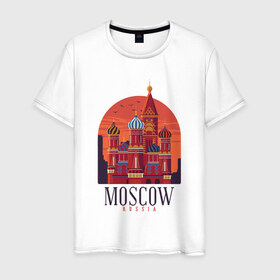 Мужская футболка хлопок с принтом Moscow Москва в Курске, 100% хлопок | прямой крой, круглый вырез горловины, длина до линии бедер, слегка спущенное плечо. | basil | church | city | kremlin | moscow | russia | saint | st basil church | symbol | василия блаженного | город | города | достопримечательности | достопримечательность | красная площадь | кремль | москва | отдых | россия | символ