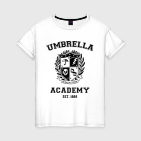 Женская футболка хлопок с принтом The Umbrella Academy в Курске, 100% хлопок | прямой крой, круглый вырез горловины, длина до линии бедер, слегка спущенное плечо | Тематика изображения на принте: the umbrella academy | umbrella | академия амбрелла | амбрелла | герб | зонтик