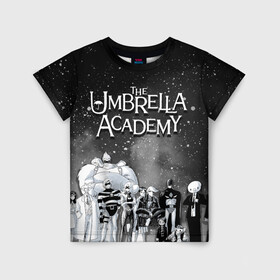 Детская футболка 3D с принтом The Umbrella Academy в Курске, 100% гипоаллергенный полиэфир | прямой крой, круглый вырез горловины, длина до линии бедер, чуть спущенное плечо, ткань немного тянется | the umbrella academy | umbrella | академия амбрелла | амбрелла | герб | зонтик