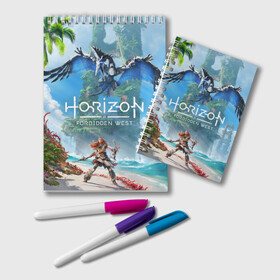 Блокнот с принтом Horizon Forbidden West в Курске, 100% бумага | 48 листов, плотность листов — 60 г/м2, плотность картонной обложки — 250 г/м2. Листы скреплены удобной пружинной спиралью. Цвет линий — светло-серый
 | aloy | guerrilla games | horizon forbidden west | hunt | zero dawn | горизонт | запретный запад | игры | нулевой рассвет | охота | элой