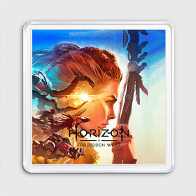 Магнит 55*55 с принтом Horizon Forbidden West в Курске, Пластик | Размер: 65*65 мм; Размер печати: 55*55 мм | aloy | guerrilla games | horizon forbidden west | hunt | zero dawn | горизонт | запретный запад | игры | нулевой рассвет | охота | элой